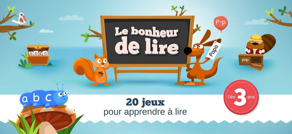 Banner promocional para la aplicación Le bonheur de lire que muestra animales animados y juegos educativos para niños de 3 años en adelante