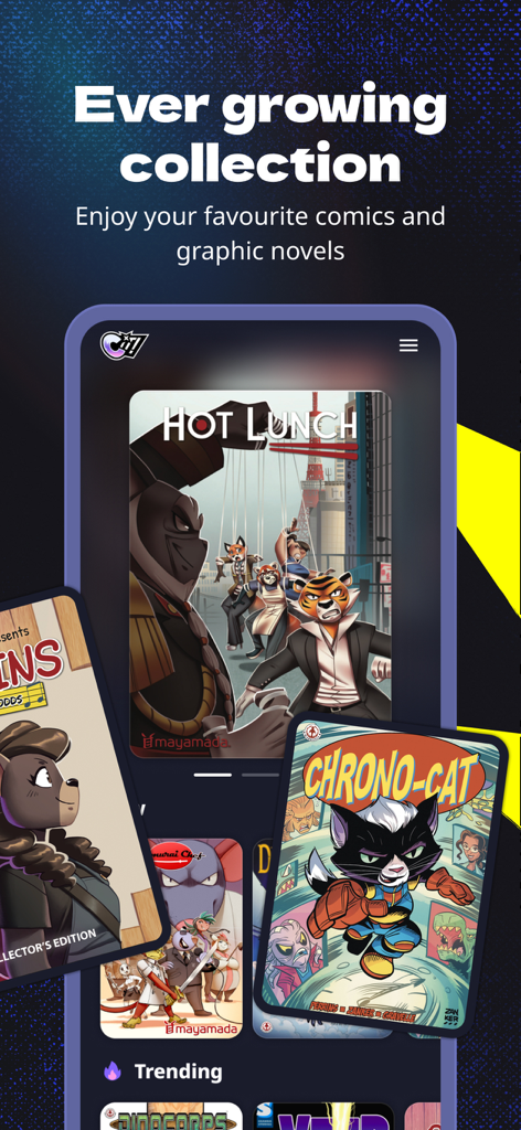 Comixit! - Comics For All Ages - Smartphone screen showing the Comixit app library with various comic book covers and the heading Ever growing collection.