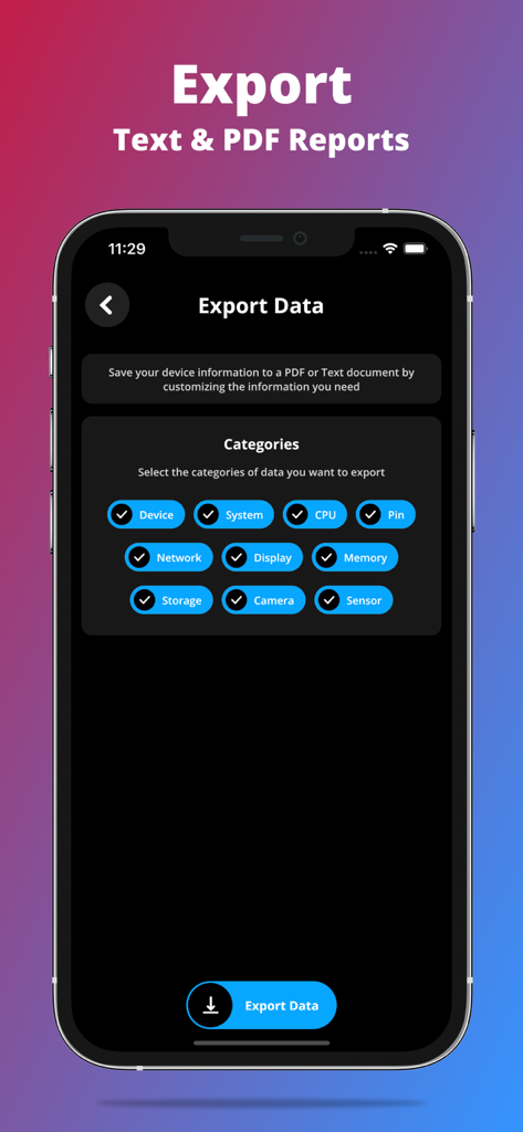 G-CPU:Monitor CPU, RAM, Widget - G-CPU app interface showing options to select device data categories for exporting text and PDF reports