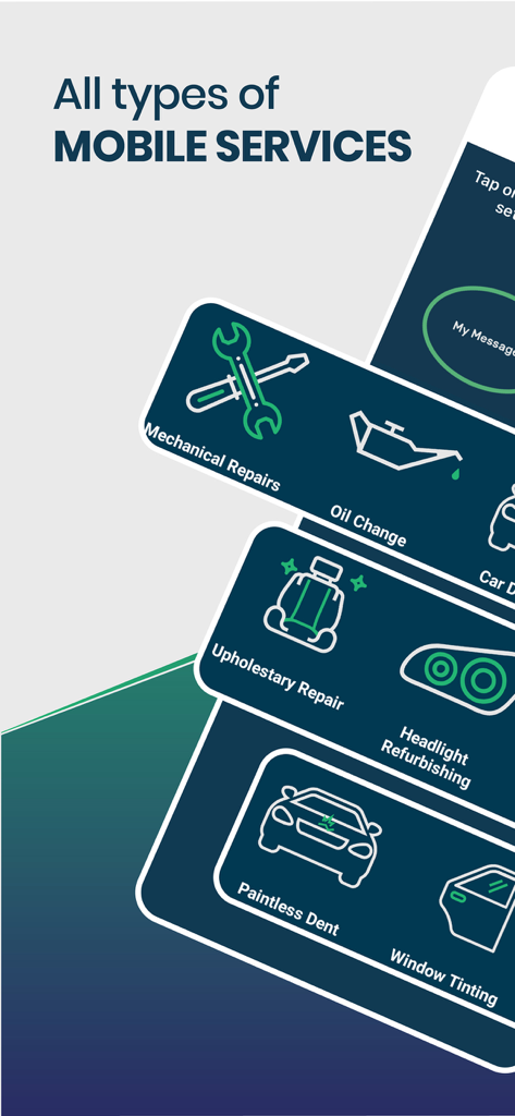 Un menú en la aplicación UcarMobile que muestra una lista de servicios móviles que incluyen reparaciones mecánicas, cambio de aceite, reparación de tapicería y tintado de ventanas.