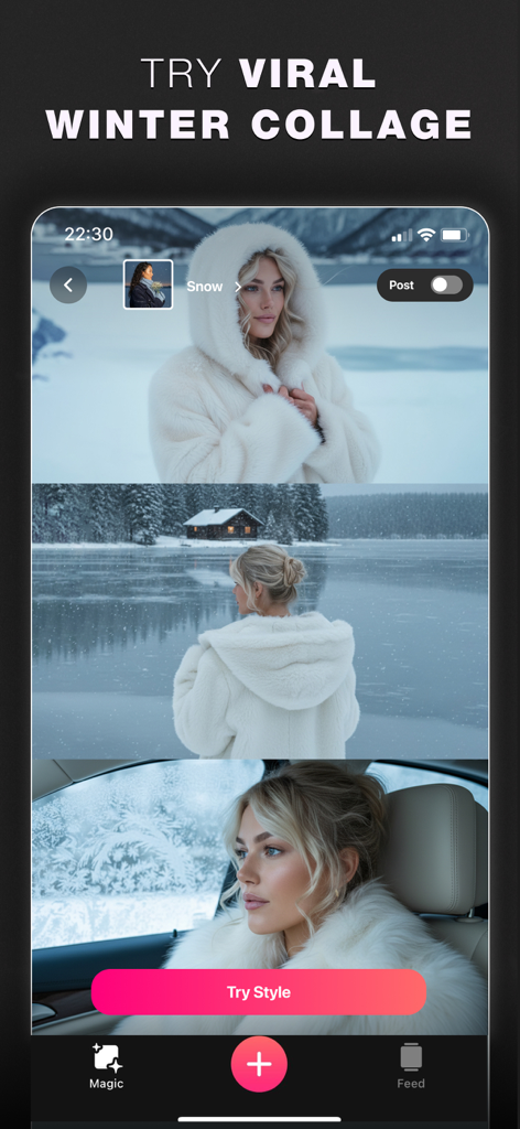 Glam AI: Video & Photo Editor - Benutzeroberfläche der Glam AI App, die eine virale Winter-Collage mit KI-generierten Fotos einer Frau in einer weißen Pelzhaube und verschneiten Landschaften anzeigt.