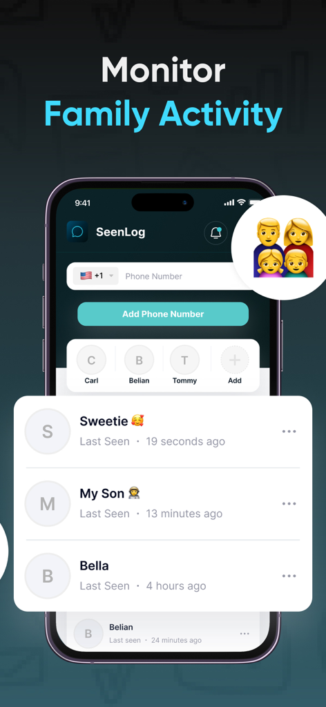 SeenLog app interface displaying the last seen status for family members like Sweetie, My Son, and Bella
