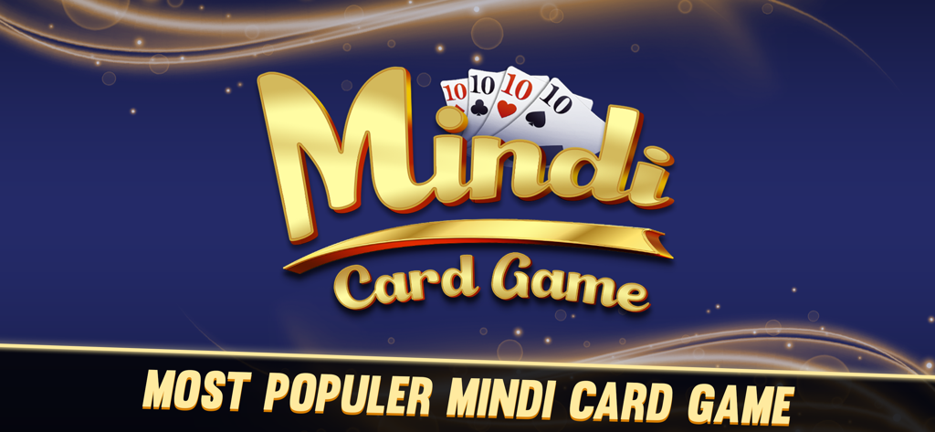 Banner promocional para Mindi Card Game con texto dorado y naipes sobre un fondo azul