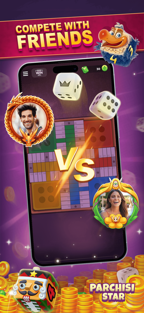Interfaz del juego móvil Parchisi STAR mostrando a dos jugadores en una partida en línea con dados rodando y monedas coleccionables