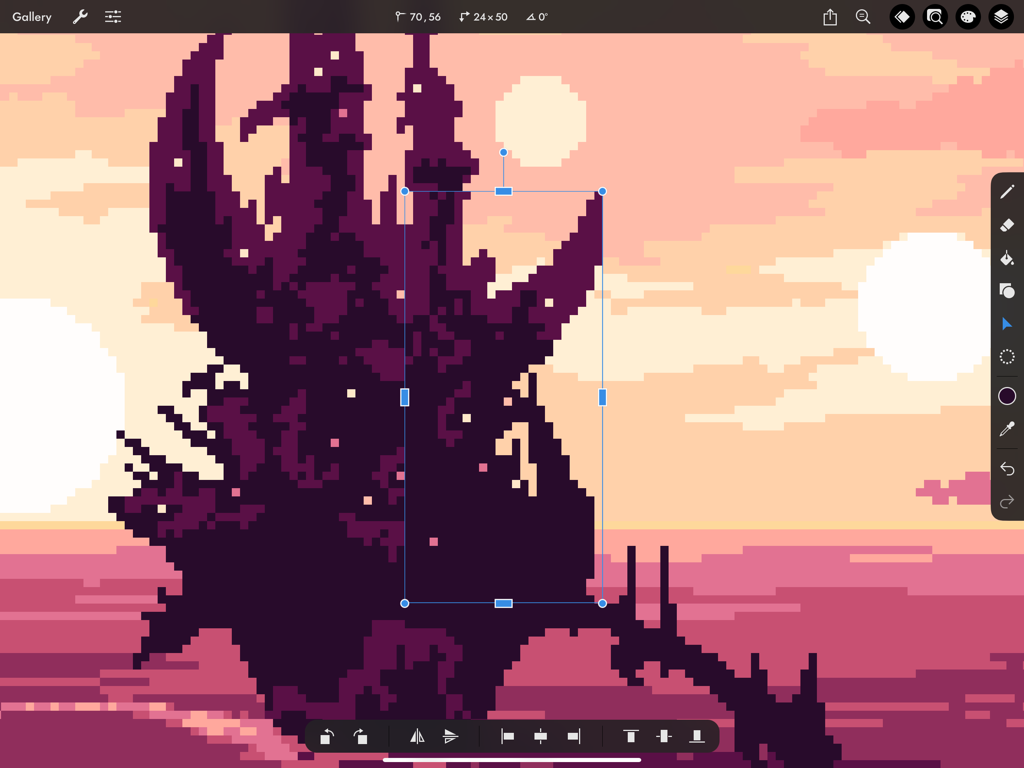 Un castillo de pixel art morado siendo editado con herramientas de transformación en Pixaki 4 Intro para iPad.