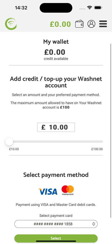 Washnet - Washnet mobile app screen for adding credit to the digital wallet using a credit card