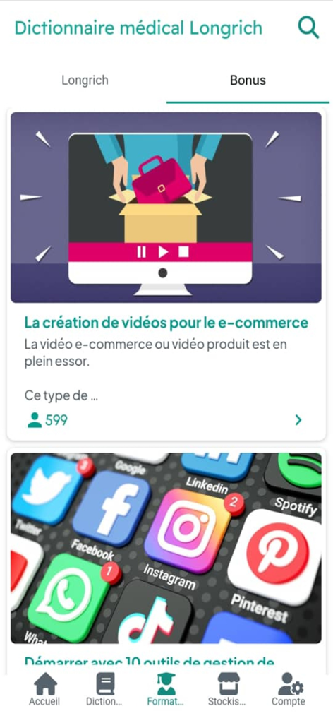 Longrich connect PRO - Longrich connect PRO app screen displaying e-commerce training and social media marketing resources