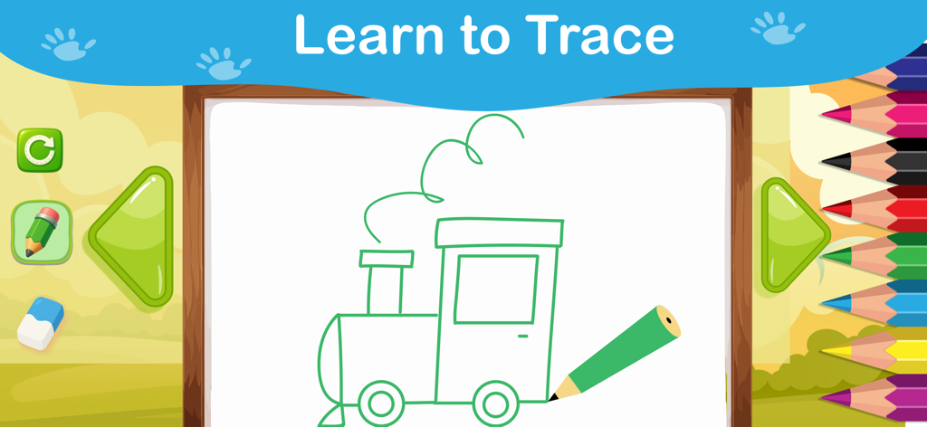 ABC Letter Tracing Games - Pantalla de aplicación educativa para preescolares para trazar el contorno de un tren con lápices digitales.