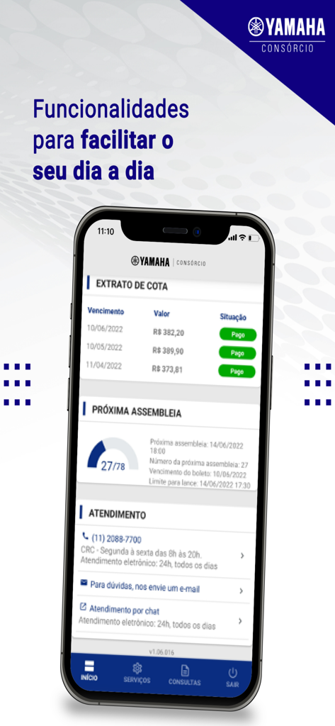 Consórcio Online - Yamaha - Smartphone screen of the Yamaha Consórcio Online app displaying payment history and assembly details