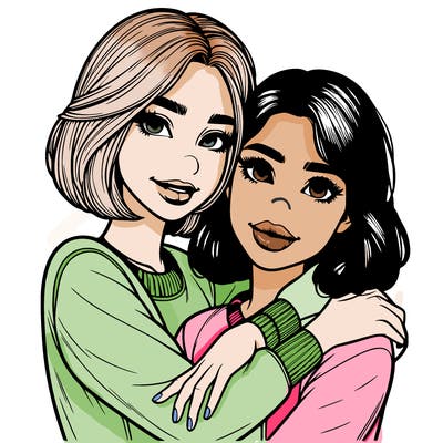 beautiful realistic girl with shorthair hugging bestie who looks the same with lips