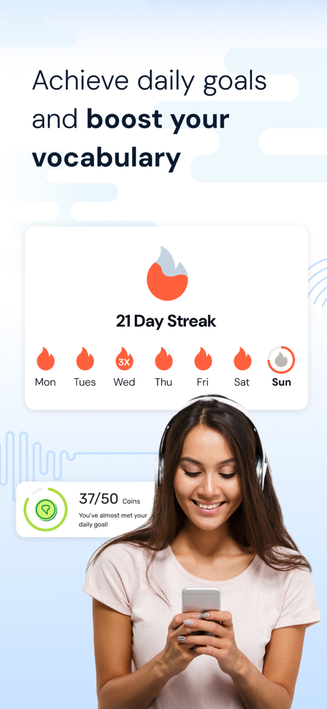 Language Learning | LingQ - LingQ app screen showing a 21-day learning streak and daily goal progress with a woman using headphones.
