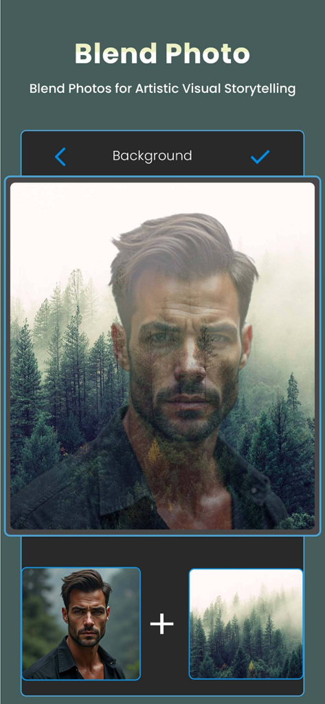 Double Exposure: Photo Merge - Interface showing a portrait of a man merged with a forest landscape using double exposure effect