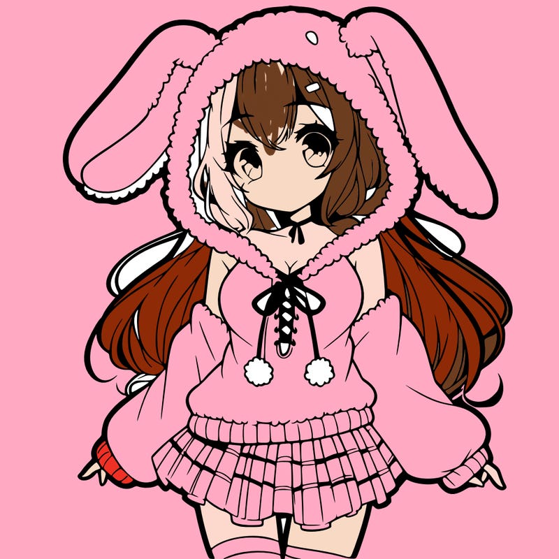 pretty anime girl wearing a fluffy hoodie with bunny ears on the hood and a skirt