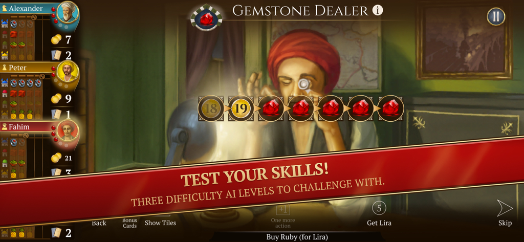 A gameplay screenshot of Istanbul Digital Edition featuring the Gemstone Dealer character and a banner promoting three AI difficulty levels.