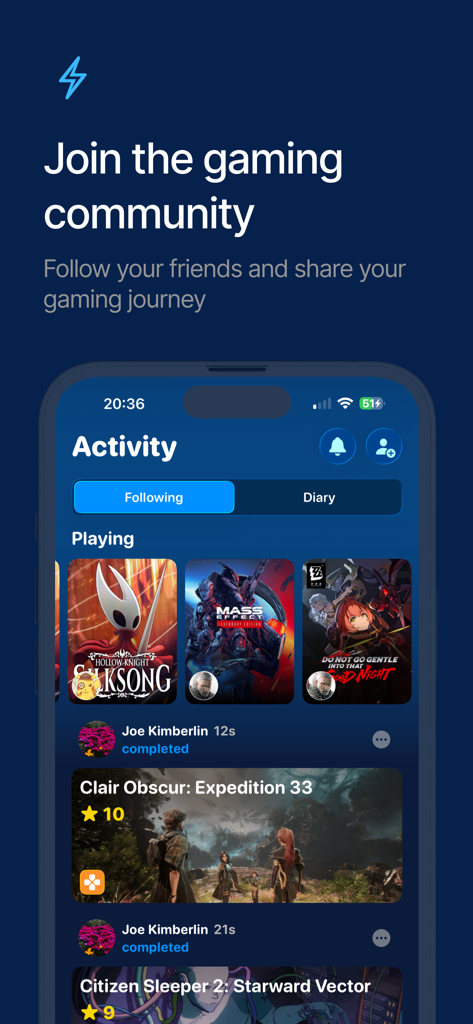 GameTrack app activity feed showing gaming community updates and friend progress