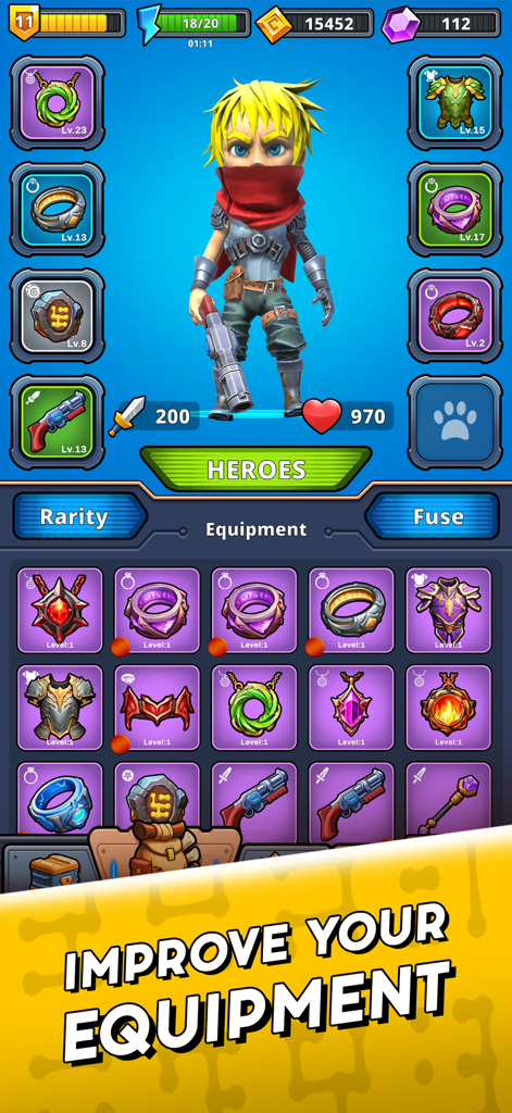 Guns vs Magic - Battle RPG - Guns vs Magic Battle RPGのキャラクター装備とインベントリ画面。ヒーローのシルヴィウスが様々な武器と鎧を装備している。