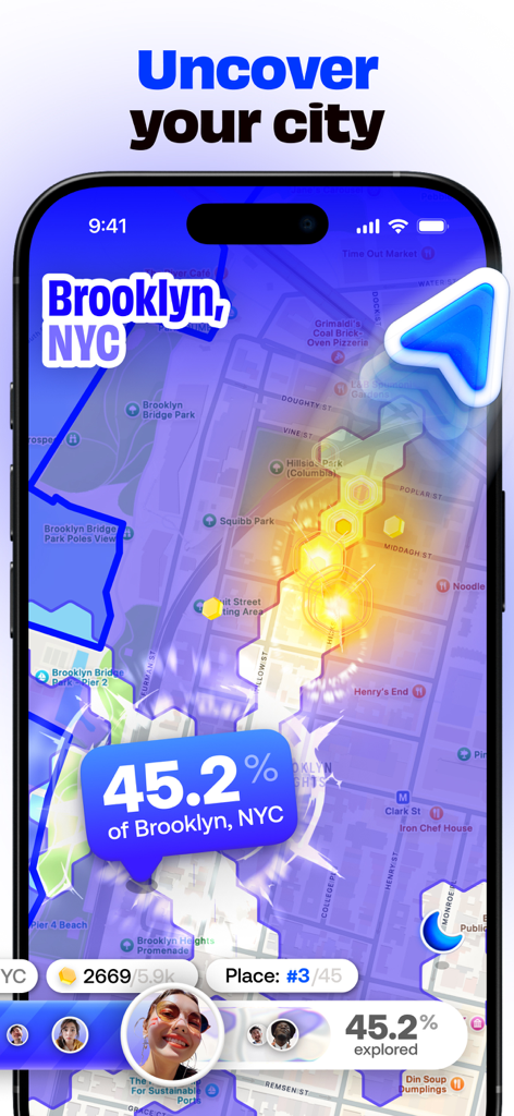 Bump - hang with friends IRL - Bump app interface showing a gamified scratch map to uncover Brooklyn NYC with exploration progress