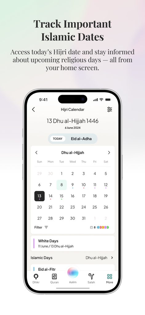 AI Muslim Assistant - Aalim - Hijri calendar interface in the Aalim app showing Islamic dates and upcoming religious holidays like Eid al-Adha.