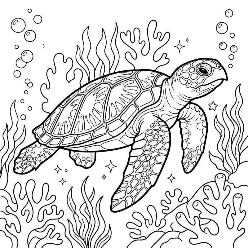 Embark on an underwater adventure with this charming Hawksbill Sea Turtle coloring page, specially designed for kids aged 4-8. Little artists will love bringing this detailed ocean friend and its coral reef home to life with their favorite colors.
