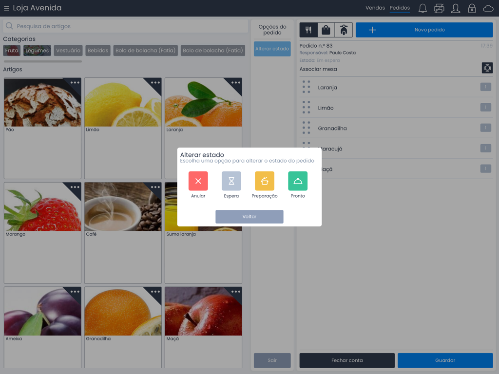 Moloni POS - Moloni POS mobile app interface on iPad showing a product grid and an order status update window