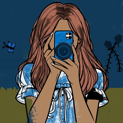 a realistic girl holding her phone taking pictures