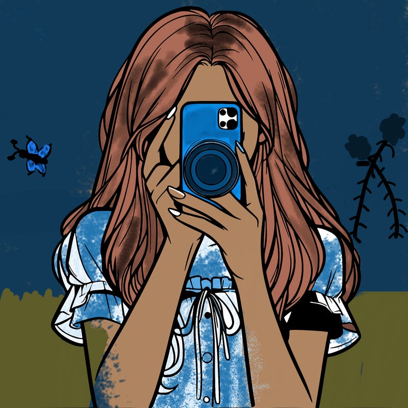 a realistic girl holding her phone taking pictures