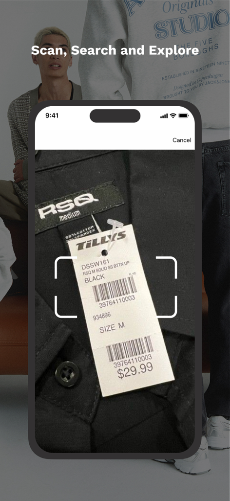 Recurso de scanner de código de barras do aplicativo Tillys escaneando uma etiqueta de preço de roupa