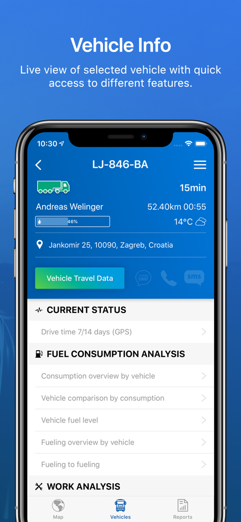 mobileMAP (by CVS / Eurowag) - App-Bildschirm mit Echtzeit-Fahrzeuginformationen, einschließlich Fahrerstatus, Kraftstoffstand und Standortdaten.