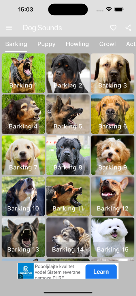 犬の鳴き声コレクションモバイルアプリのインターフェース内で、さまざまな犬種が吠えているグリッド表示。