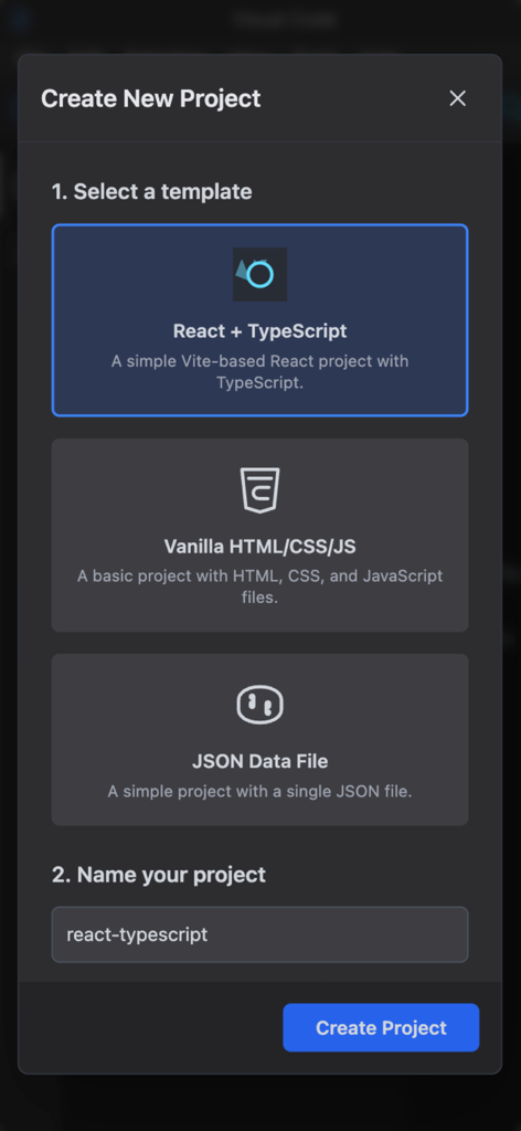 Interface for creating a new project in Anticode AI Code Editor showing various coding templates like React and HTML.