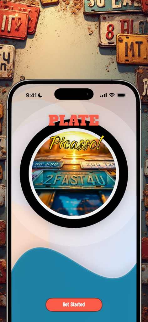 Plate Picasso! - Pantalla de bienvenida de la aplicación móvil Plate Picasso mostrando diseños de matrículas personalizadas y un botón de Empezar.