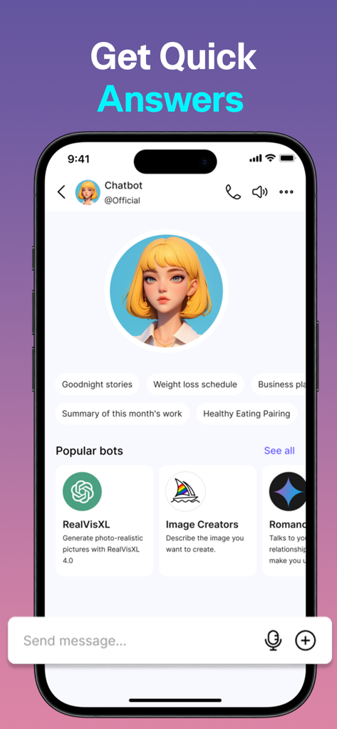 仮想アシスタントのアバターと人気のあるボットの提案が表示されたMusic AIアプリのチャットボットインターフェース