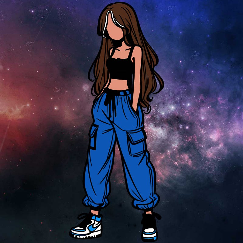 girl in baggy pants crop top and long hair