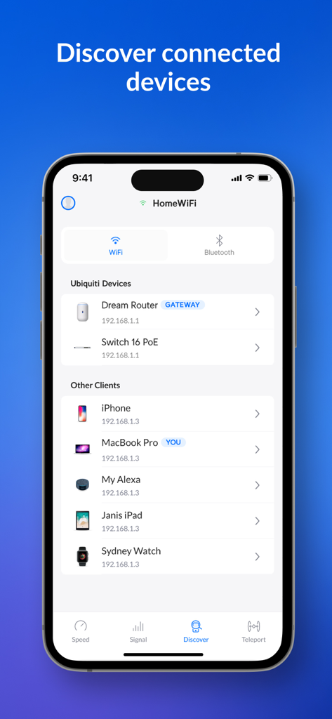 Ubiquiti WiFiman - Une interface mobile de l'application Ubiquiti WiFiman affichant une liste détaillée des appareils connectés à un réseau Wi-Fi local, y compris les routeurs et les appareils intelligents.