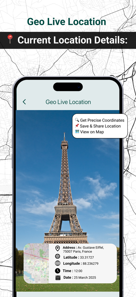 Live GPS Land Area Calculator - Interfaz de la aplicación que muestra las coordenadas GPS actuales y los detalles de la dirección de la ubicación