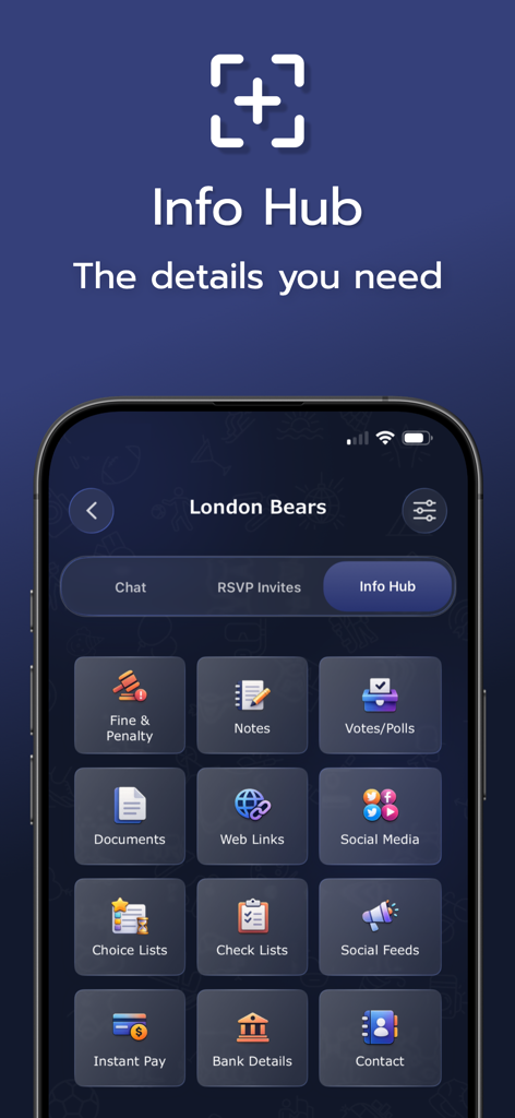 Invitem - Invitem app Info Hub interface showing group management icons for fines, notes, documents, and payments.