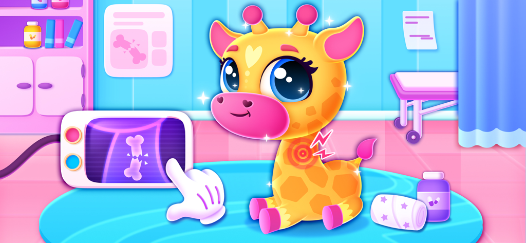 Animal Hospital — Baby Games - A cartoon giraffe in a veterinary clinic with an x-ray showing a broken bone