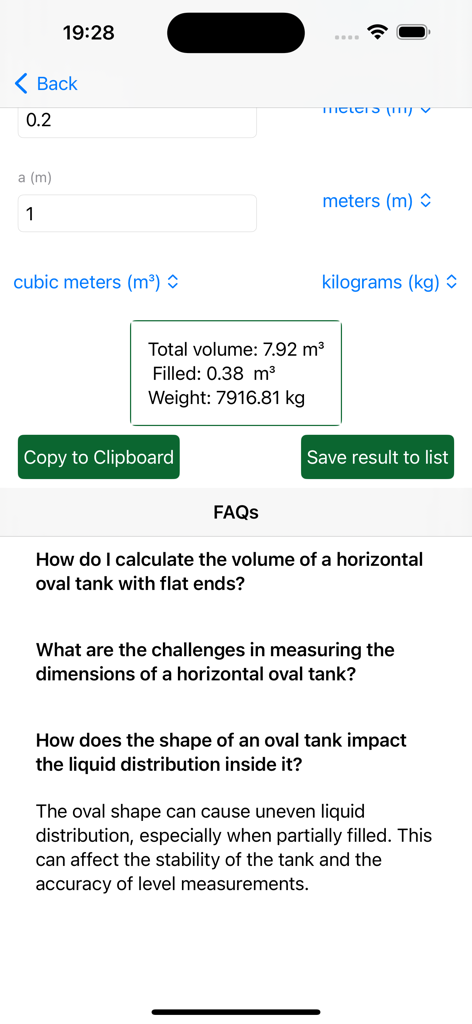 Tank Measure: Volume Calc - Screenshot of the Tank Measure app displaying volume calculation results and a frequently asked questions section about oval tanks
