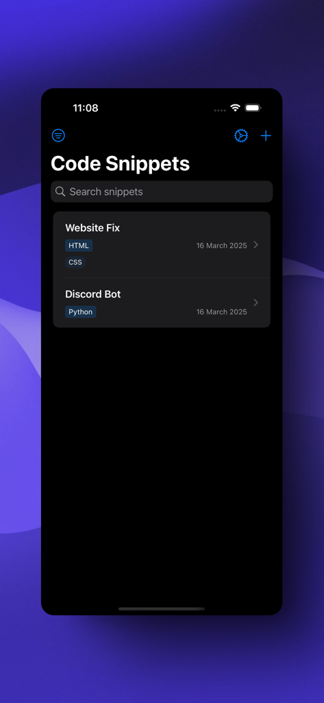 Snipits Manager - Eine Liste von Code-Snippets mit Programmiersprachen-Tags im Dunkelmodus-Interface der Snipits Manager App