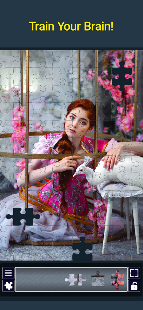 Jigsaw Puzzle Crown for Adults - A digital jigsaw puzzle showing a woman with a white bird and the heading Train Your Brain