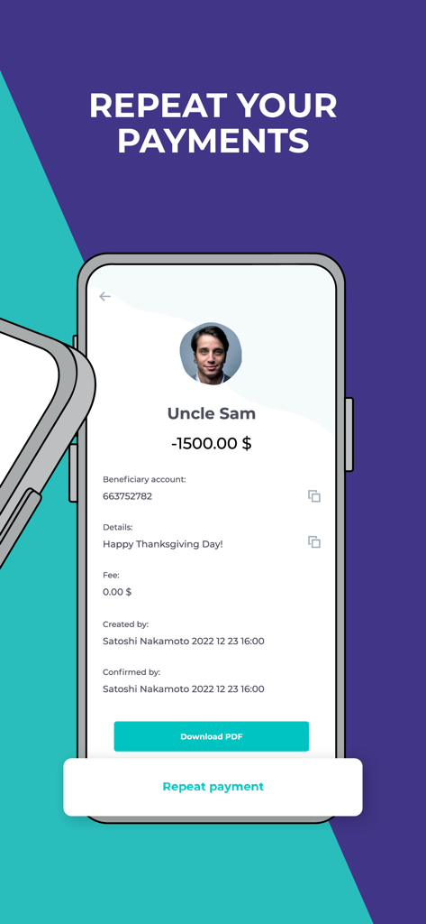Bankera – Mobile Banking - Screenshot of the Bankera app showing the transaction details screen with a button to repeat a payment