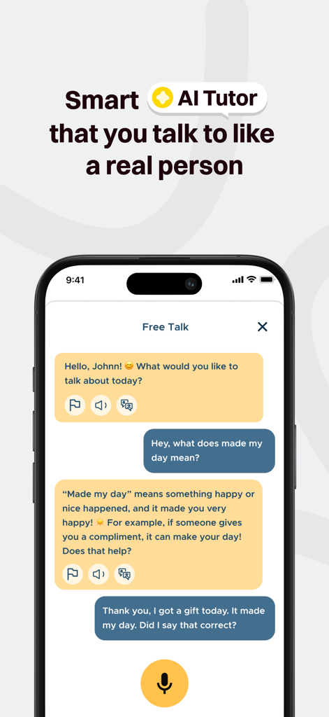 BeeSpeaker app interface showing a conversational AI tutor explaining the meaning of English idioms during a practice session.