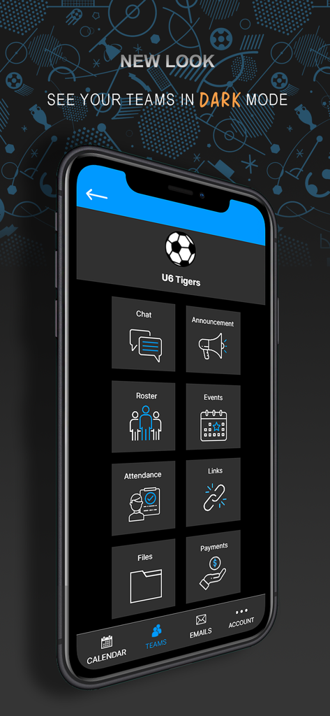 TeamSideline App-Dashboard im Dunkelmodus, das Funktionen zur Verwaltung von Sportteams anzeigt