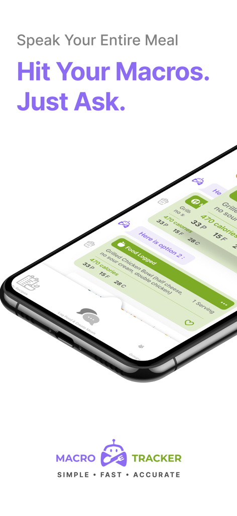 Macro Max: AI Macro Tracker - Macro Max 앱 인터페이스에 식사 추적 및 매크로 계산을 위한 AI 음성 기록이 표시됨