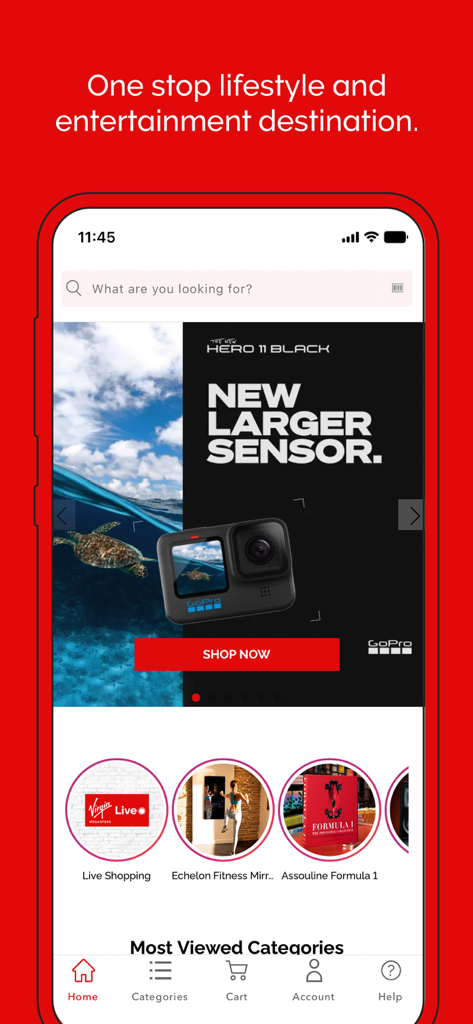 Home screen of the Virgin Megastore app showing a GoPro HERO 11 banner and lifestyle shopping categories