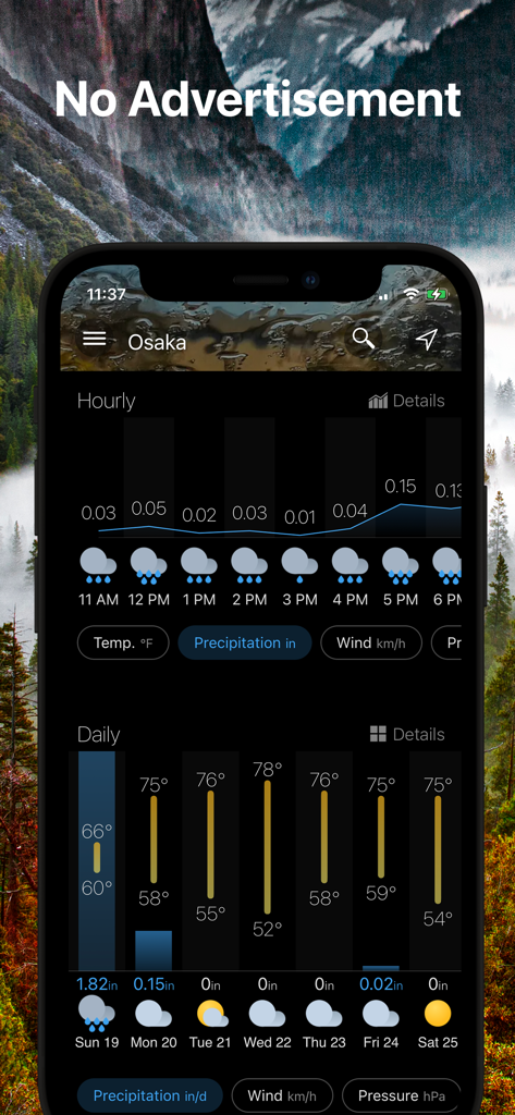 Weawow weather app display showing hourly and daily forecasts with a dark theme and a nature background