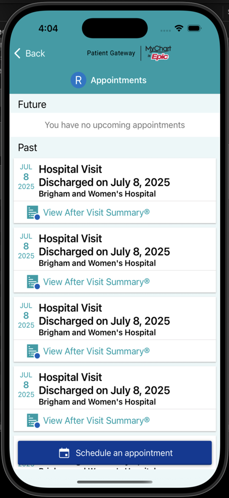 Captura de tela do aplicativo Patient Gateway mostrando um histórico de visitas hospitalares anteriores e um botão para agendar uma nova consulta.