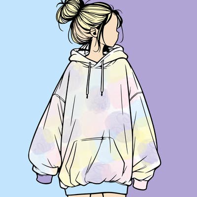 realistic girl with a oversized sweatshirt on and a bun