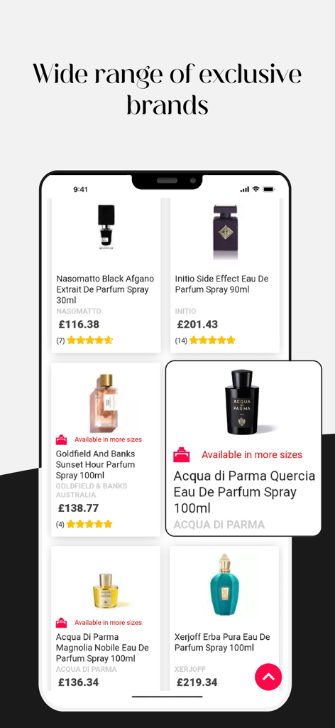BeautyTheShop app interface displaying a wide selection of luxury niche perfume brands with ratings and prices