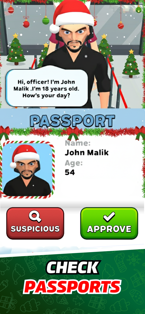 Airport Security Simulator 911 - Ein Gameplay-Bildschirm zeigt eine Passüberprüfung mit Altersunterschied während einer Weihnachtsveranstaltung